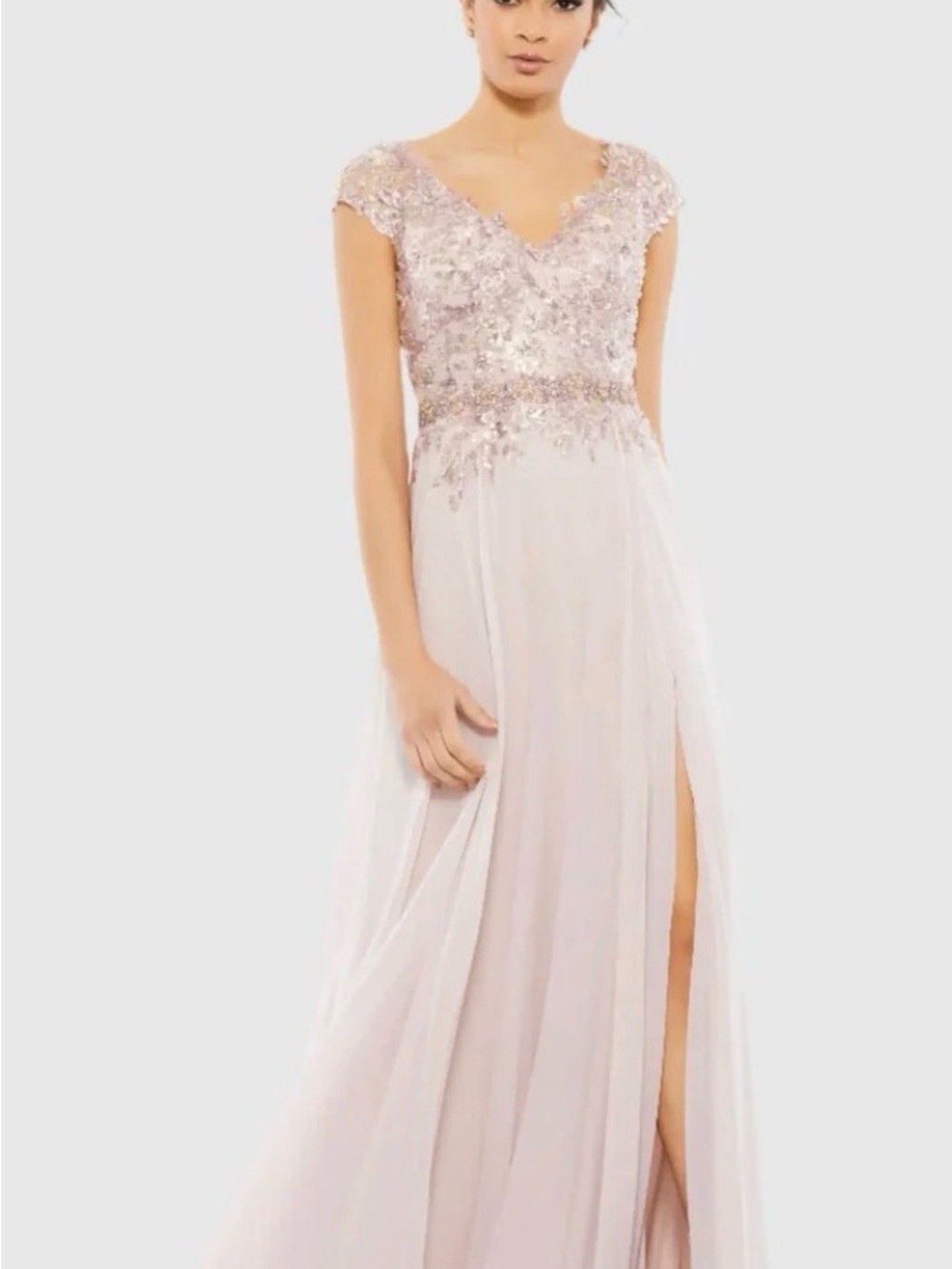 Mac Duggal Embellished Cap-Sleeve Evening Gown in Blush Pink